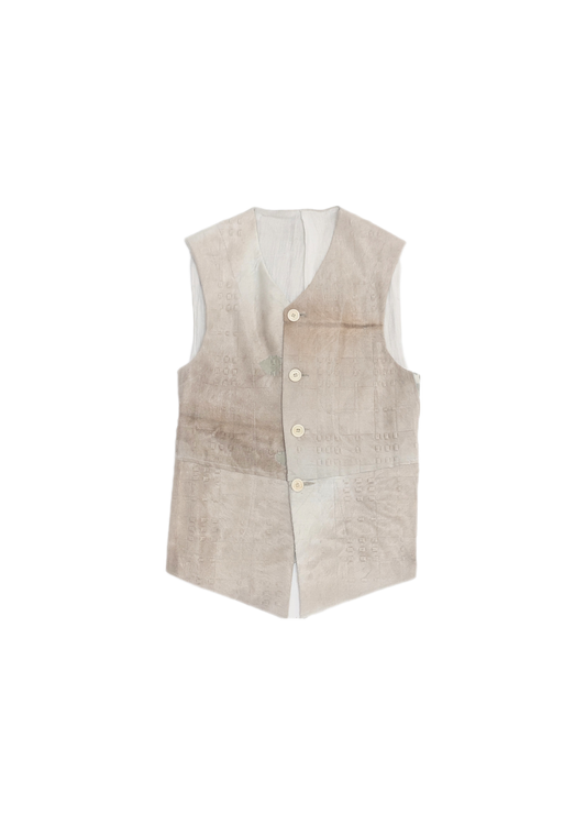 Train Driver Waistcoat in Upcycled Treated Leather and Antique French Linen