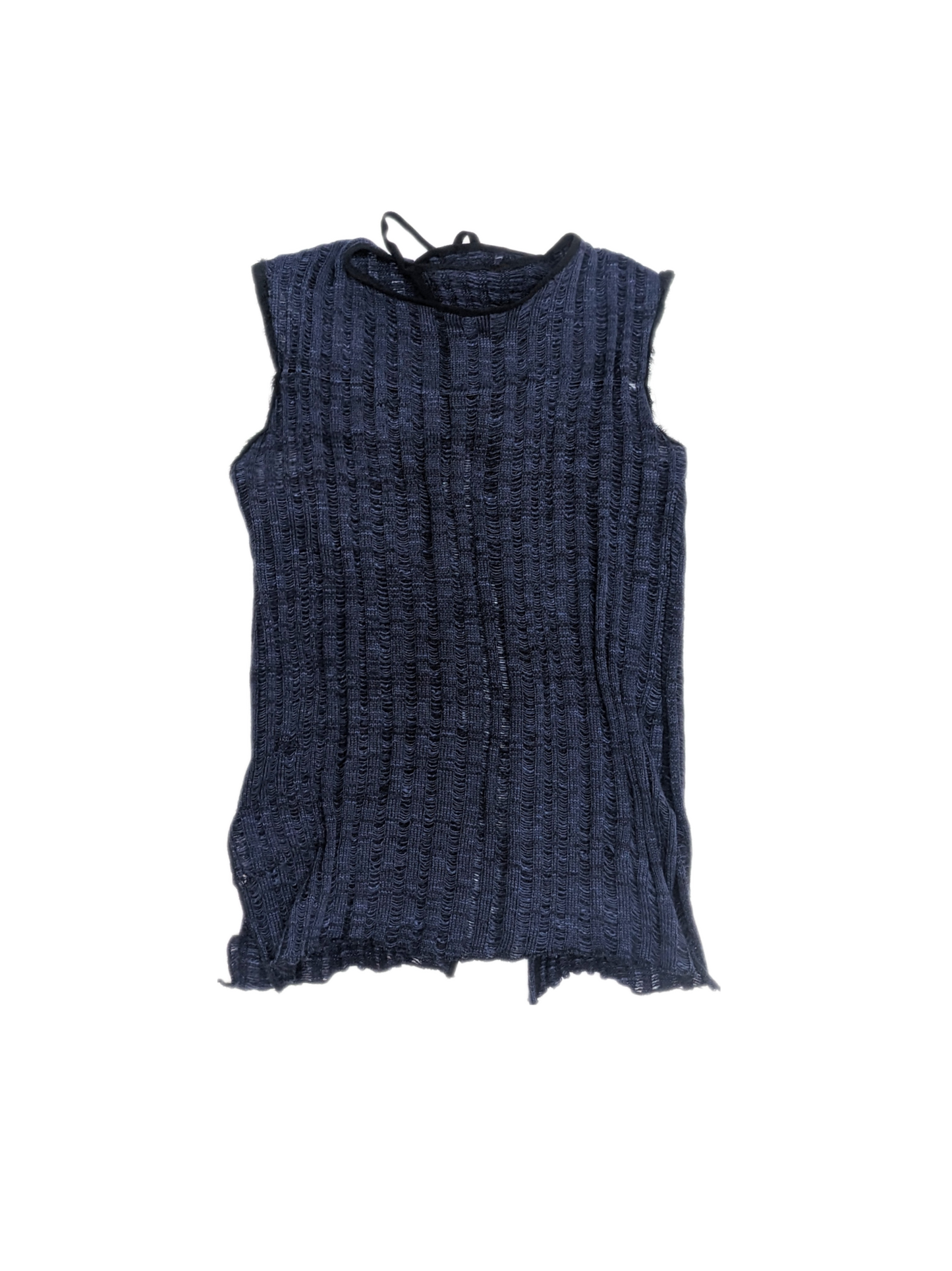 Sleeveless Hand Knitted Jumper in Navy Shetland Wool with Open Back and Cotton Twill Ties