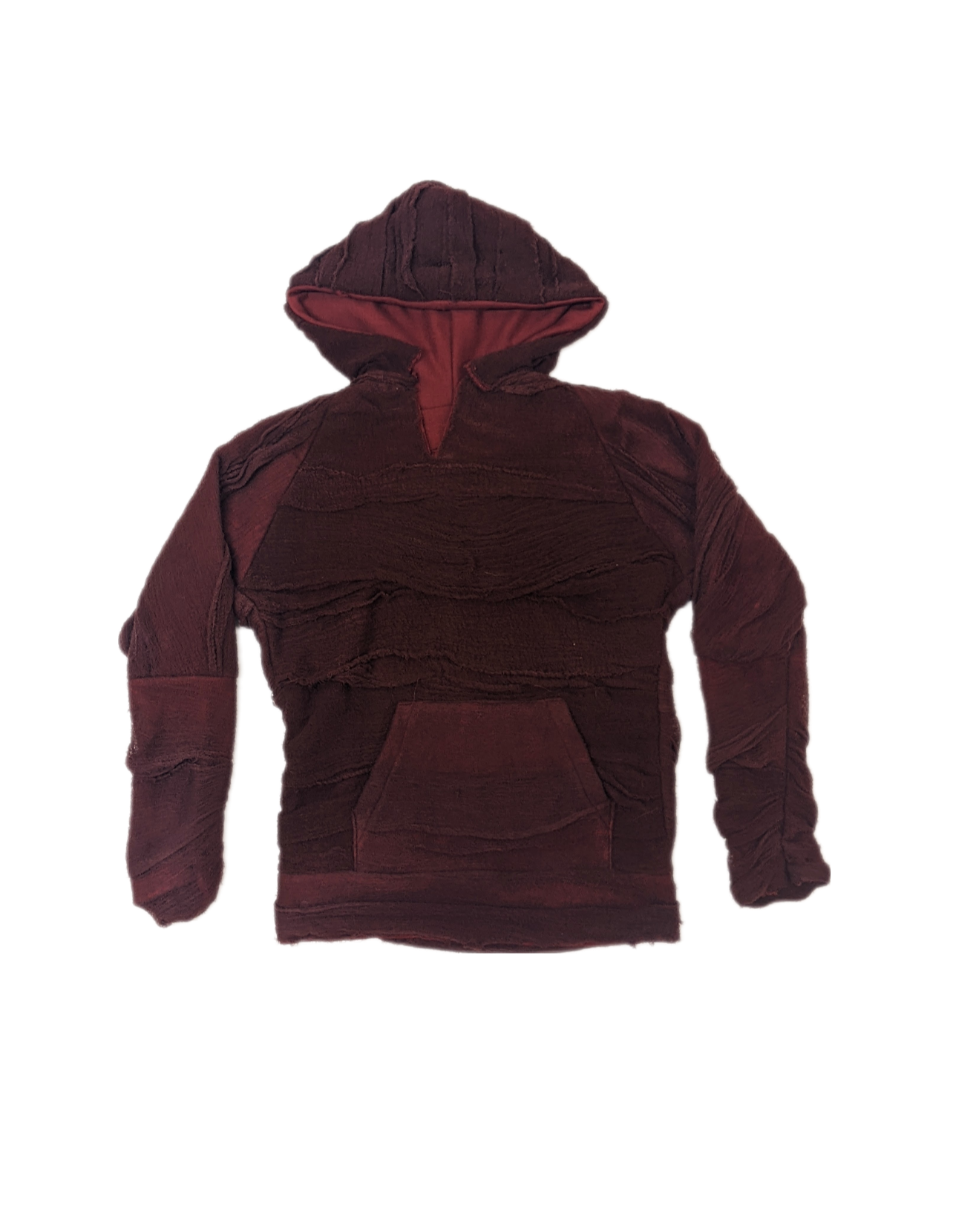 Kimono Back Hoodie in Over Dyed Red Hand stitched Muslin with Red Dead stock Jersey Lining