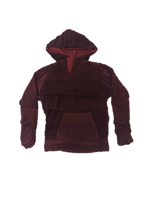 Kimono Back Hoodie in Over Dyed Red Hand stitched Muslin with Red Dead stock Jersey Lining