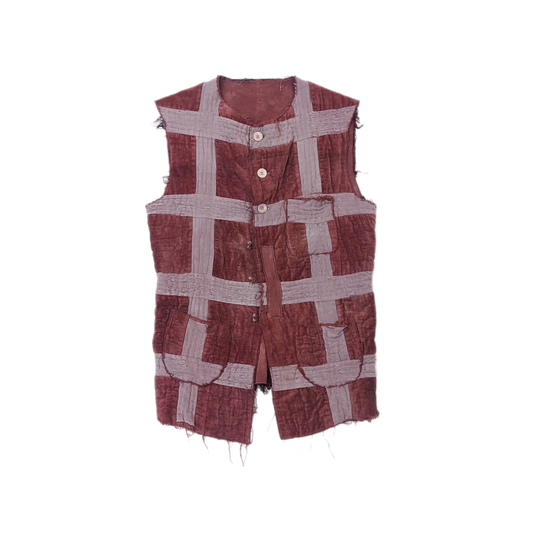Pirate Waistcoat in Over-dyed Red & Pink Antique Velvet Patchwork Upholstery with Black Linen Back