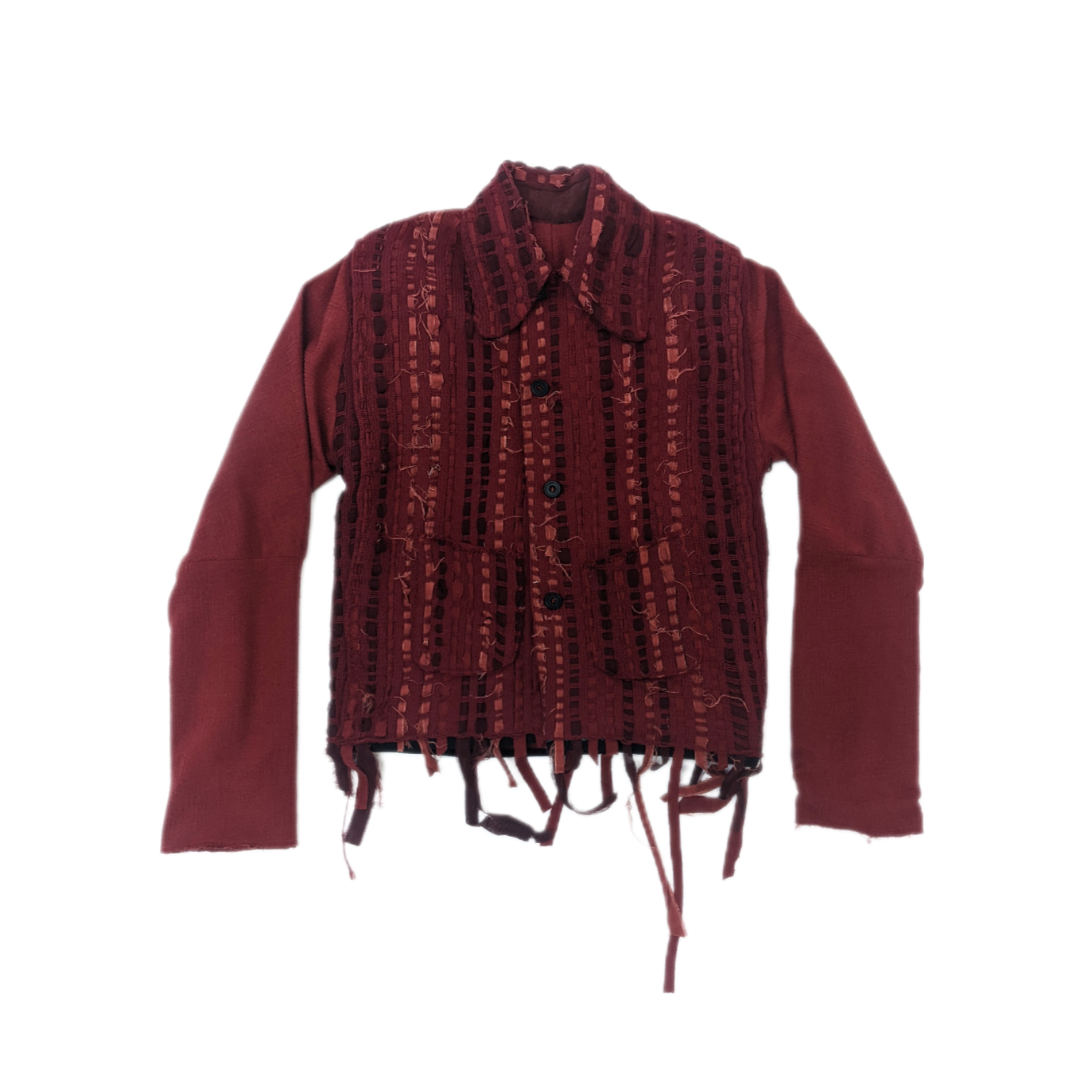 High Collar Kimono Back Jacket with Patched Pockets in Red Jersey & Knitted Fabric with Off-Cuts from the Atelier