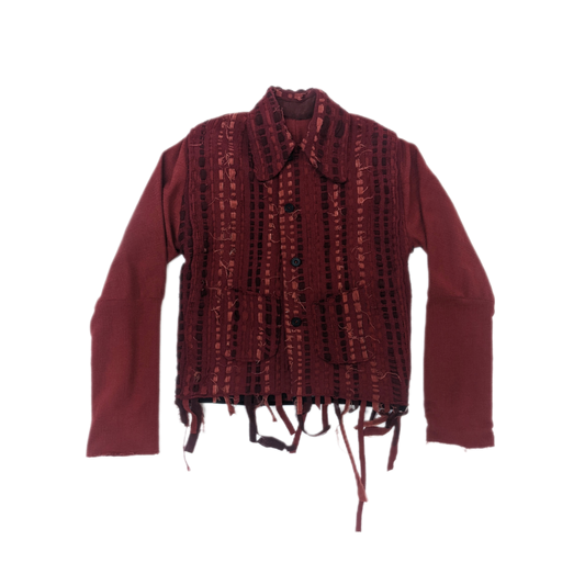 High Collar Kimono Back Jacket with Patched Pockets in Red Jersey & Knitted Fabric with Off-Cuts from the Atelier