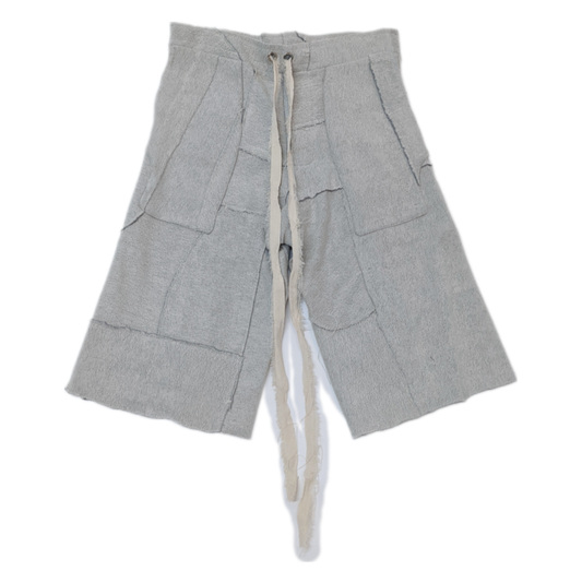 Hand Patched Wide Leg Kickback Drawstring Shorts in Grey Loopback Cotton jersey