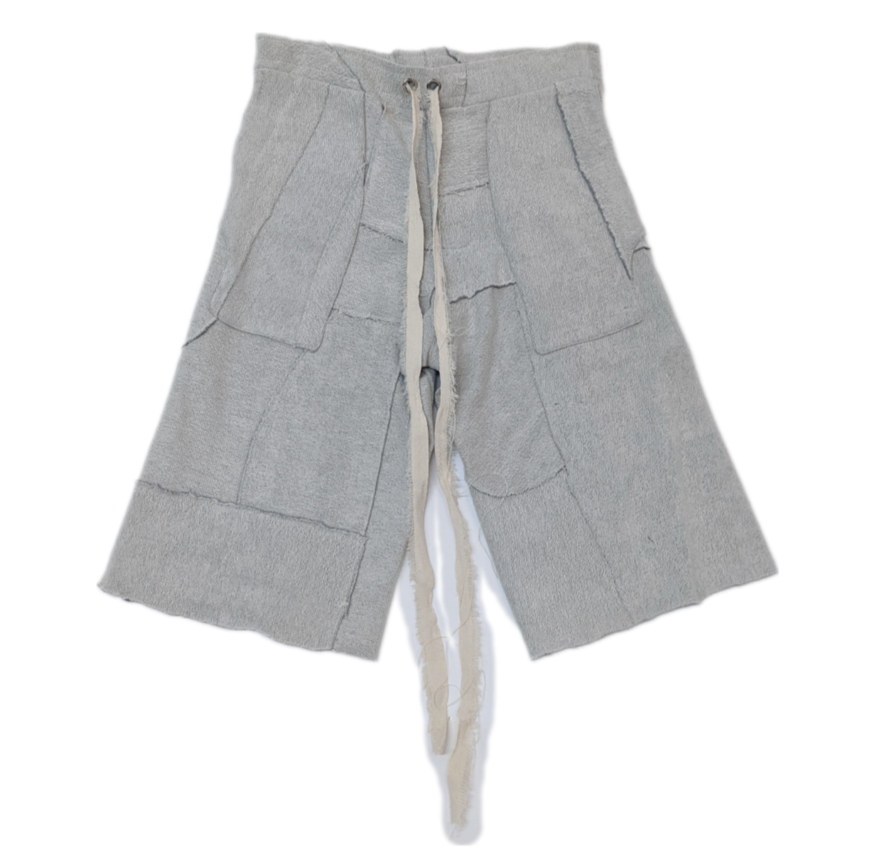 Hand Patched Wide Leg Kickback Drawstring Shorts in Grey Loopback Cotton jersey
