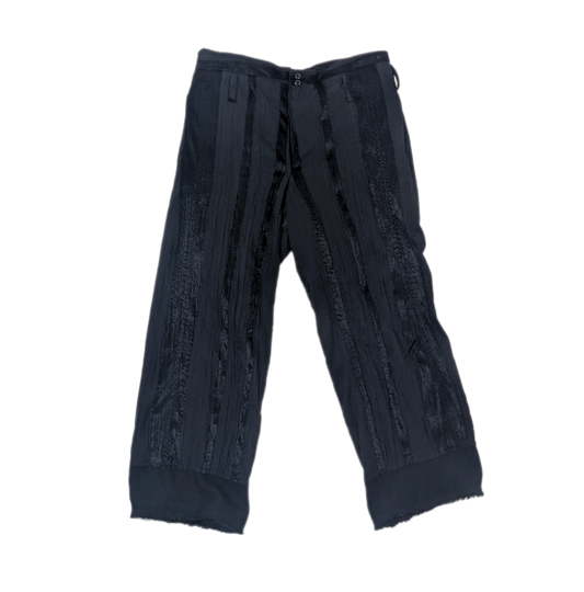 Denim Front Kickback Trousers with Elongated Lining with Dart Pockets in Black Velvet & Cotton Stripe