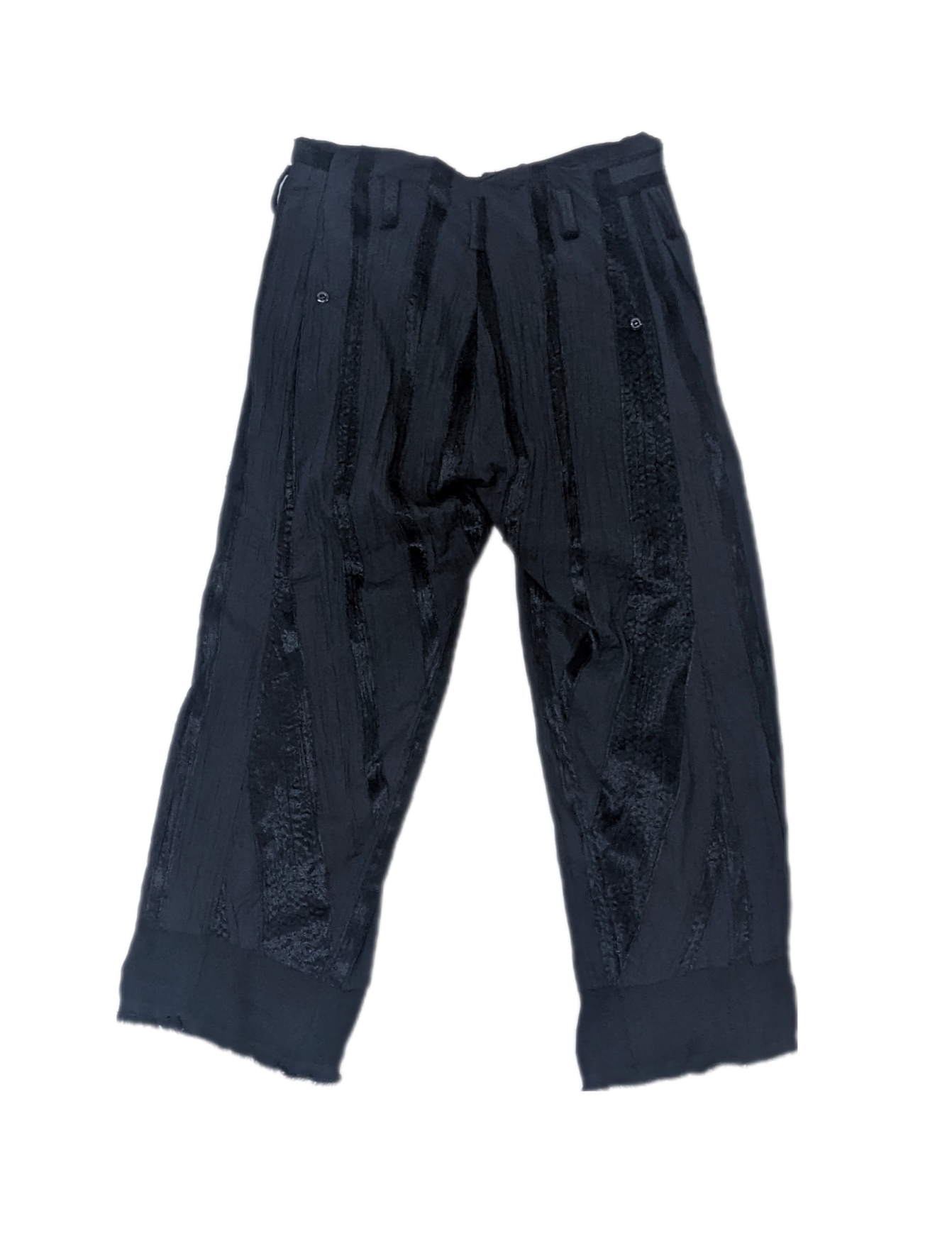 Denim Front Kickback Trousers with Elongated Lining with Dart Pockets in Black Velvet & Cotton Stripe