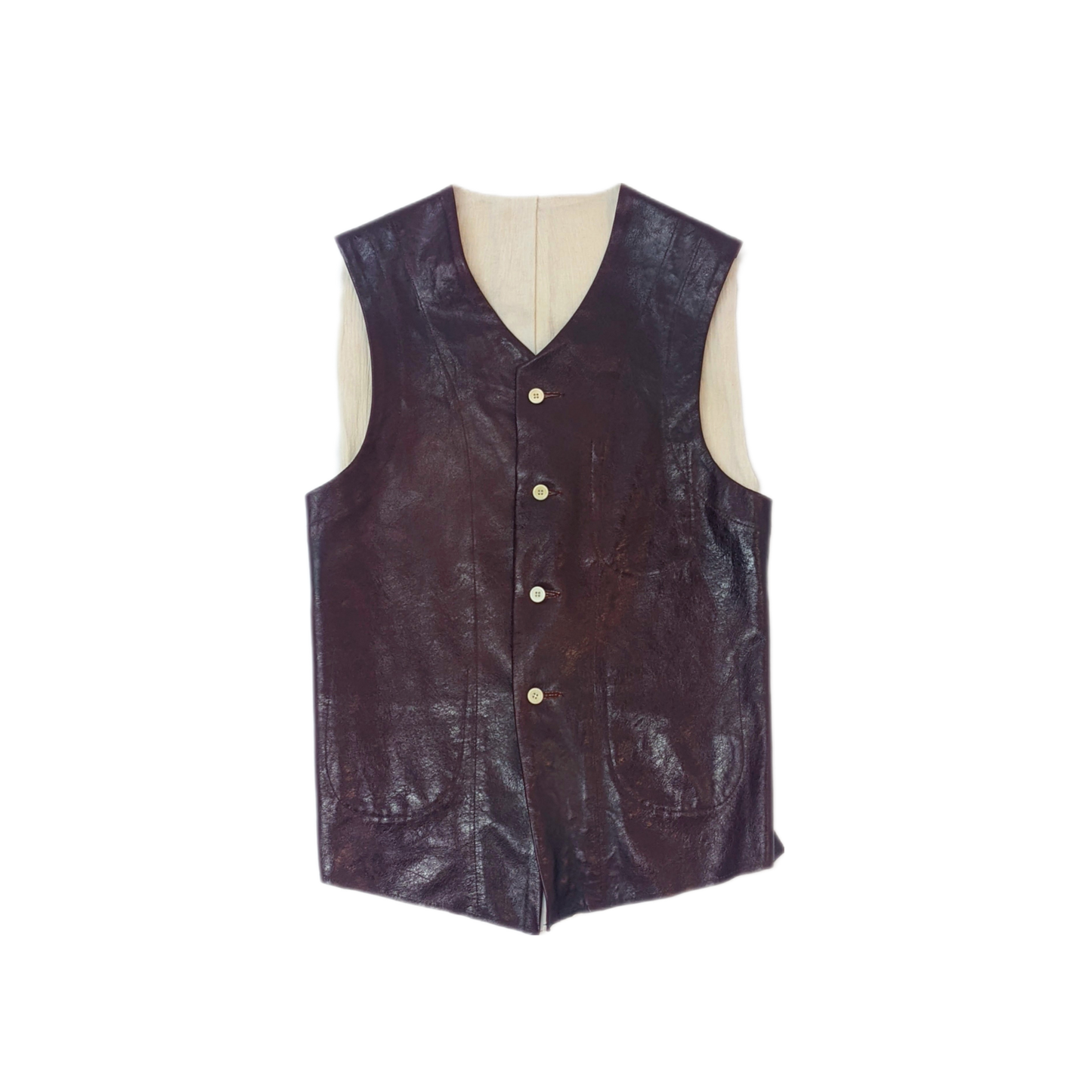 Train Driver Waistcoat in Red Upcycled Leather with Antique French Linen Back & Crinkled Cotton Lining