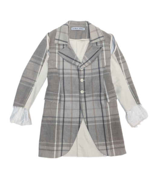 Long Fat Peak Lapel Blazer with Detachable Sleeves in Off-White Canvas & Beige Check Fireproof Upholstery Cotton