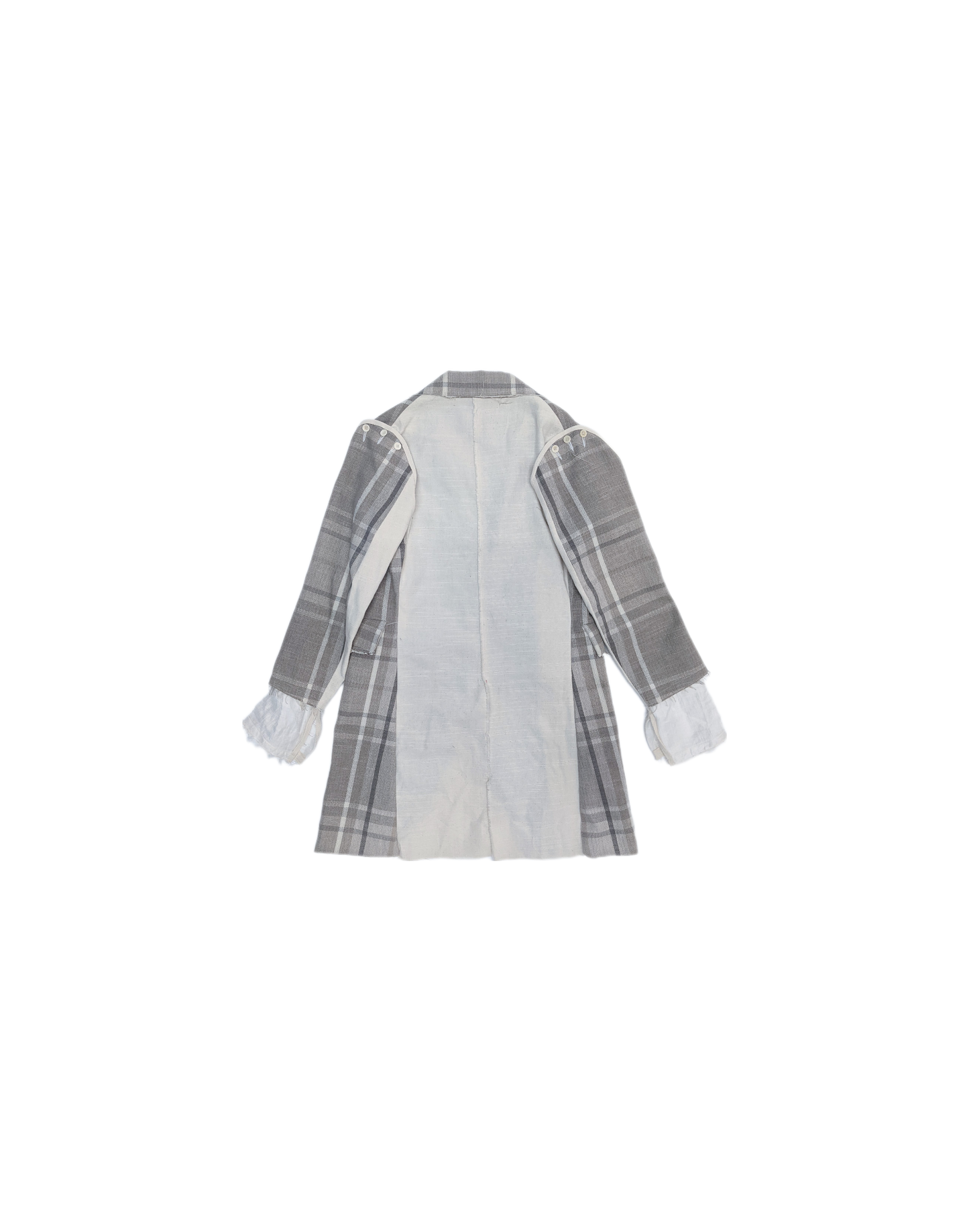 Long Fat Peak Lapel Blazer with Detachable Sleeves in Off-White Canvas & Beige Check Fireproof Upholstery Cotton