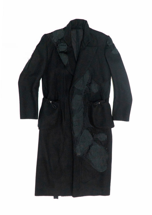 Peak Lapel Overcoat in Black Wool and Wax Cotton.