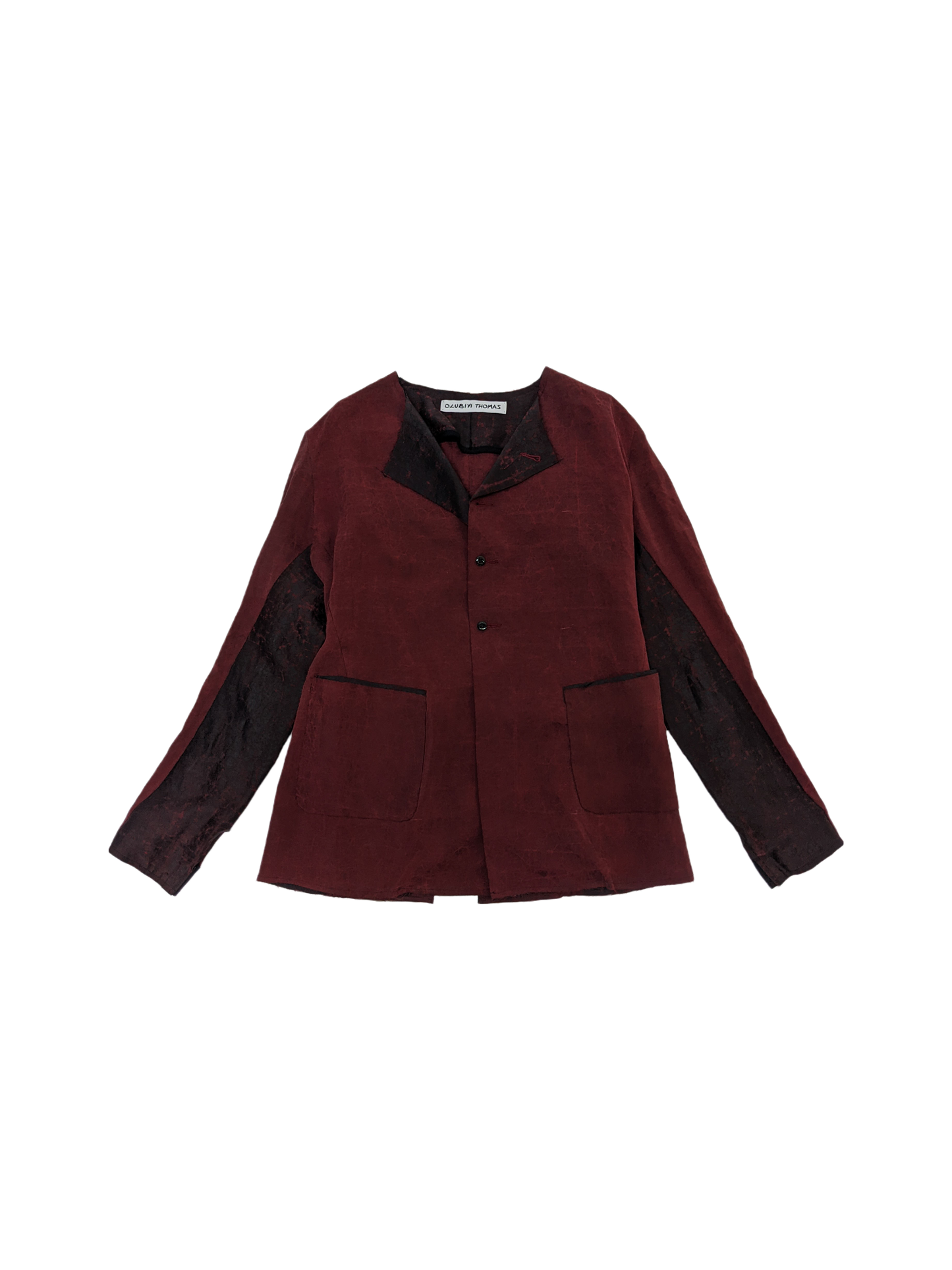 Collarless work jacket in crimson and black mud silk with silk ribbon boning.