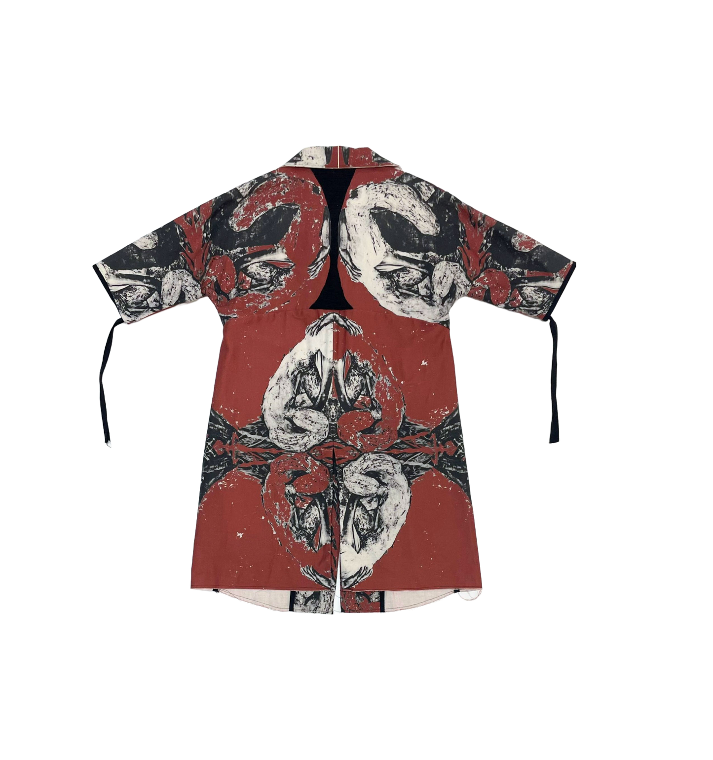 Curve Seam Short Sleeve  Mac Red Black & White “Holubiyi” Cotton Digital Print by Holly Vaughan’s photolitho series ‘Siren’ with Hand Embroidered Details & Cotton Twill Ties