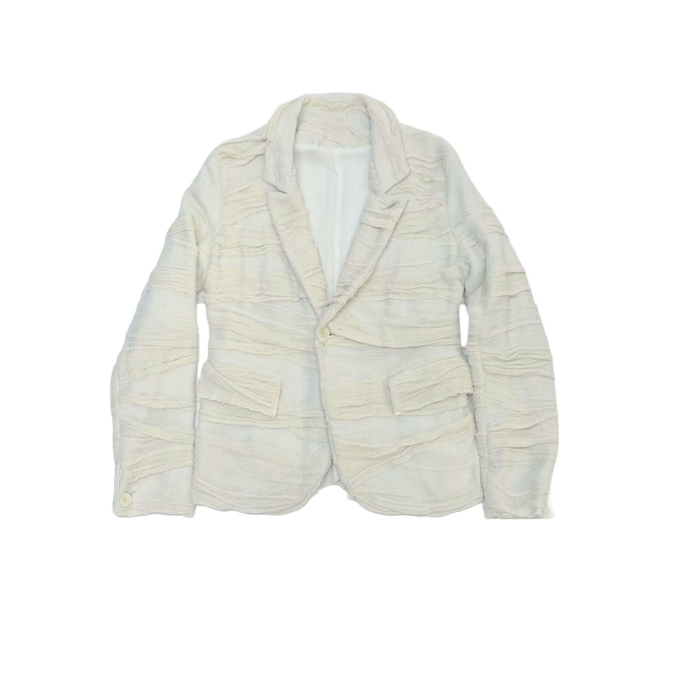 Couture Mummy Wrap Blazer in Off-White Hand Stitched Muslin Appliqué on Antique Linen with Crinkled Cotton Lining
