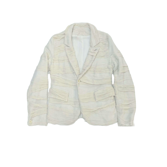 Couture Mummy Wrap Blazer in Off-White Hand Stitched Muslin Appliqué on Antique Linen with Crinkled Cotton Lining