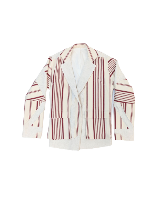 Train Driver Jacket in Off White Cotton Viscose Drill with Hand Patched Red Candy Striped Herringbone Cotton