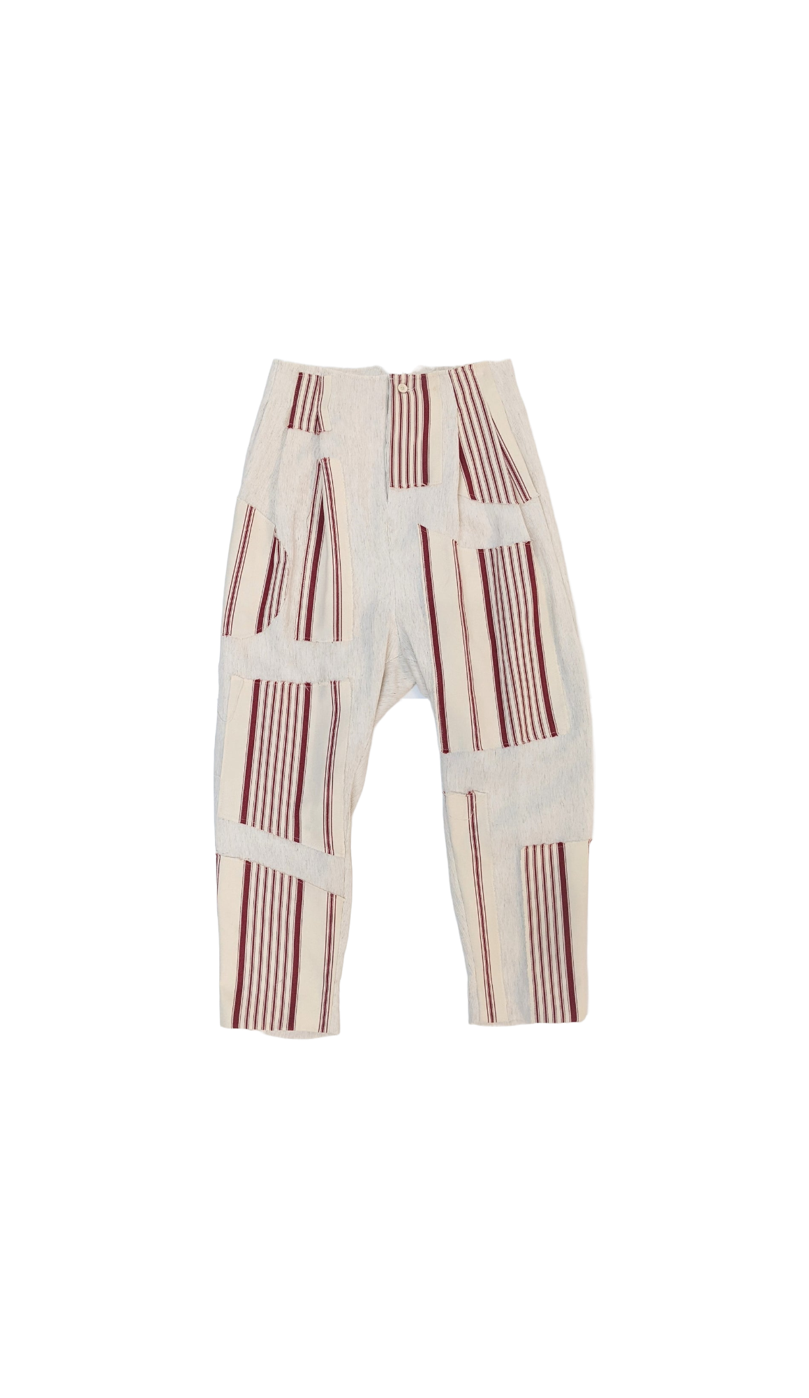 Cinch Back Trousers in Off-White Cotton Viscose Drill & Hand Patched Candy Striped Herringbone Cotton