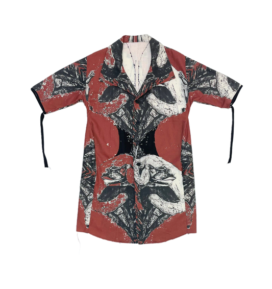 Curve Seam Short Sleeve  Mac Red Black & White “Holubiyi” Cotton Digital Print by Holly Vaughan’s photolitho series ‘Siren’ with Hand Embroidered Details & Cotton Twill Ties