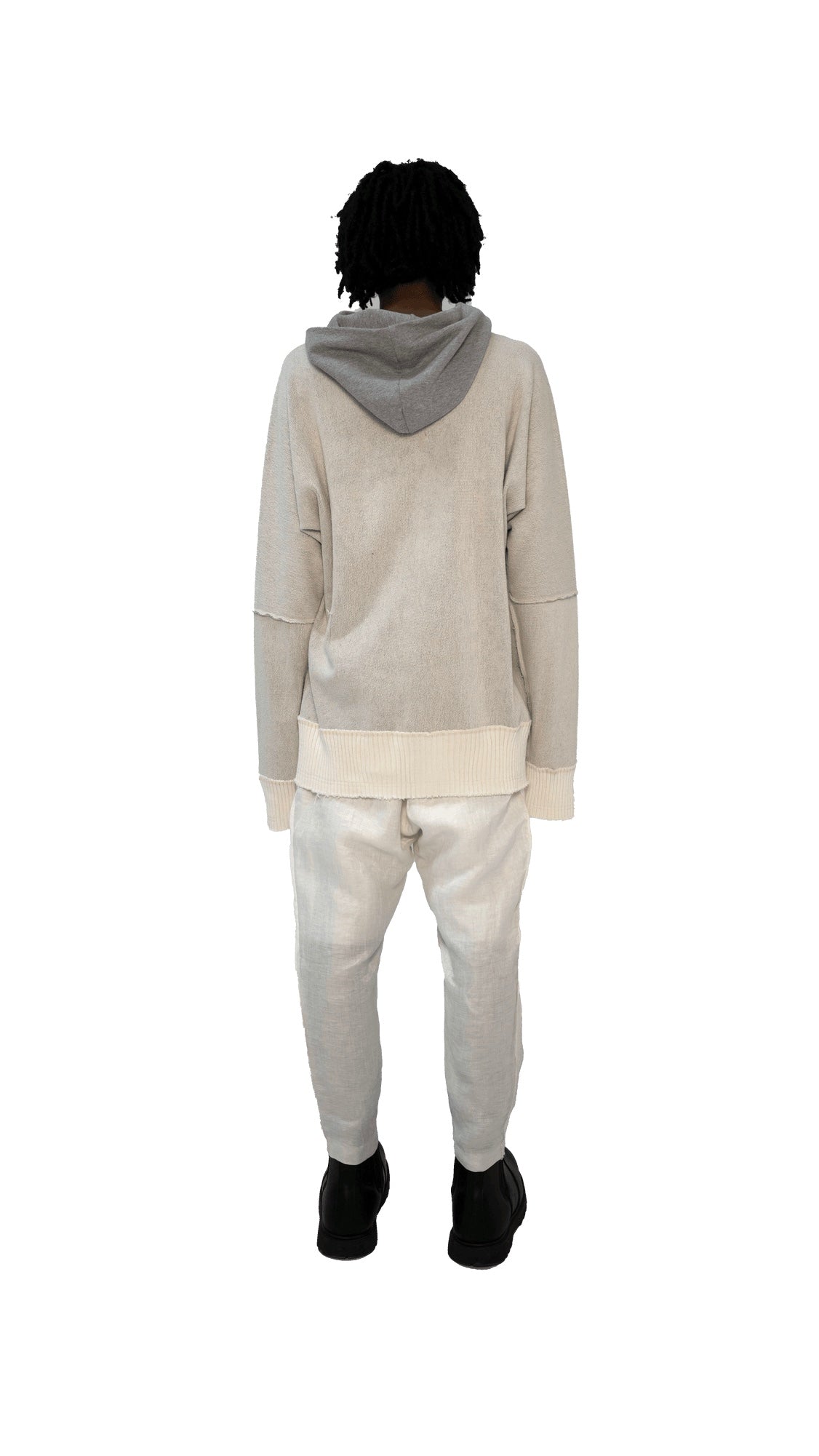 Reversible Kimono Back Hoodie in Grey/ White Loop Back Cotton Jersey with Off White Ribbing