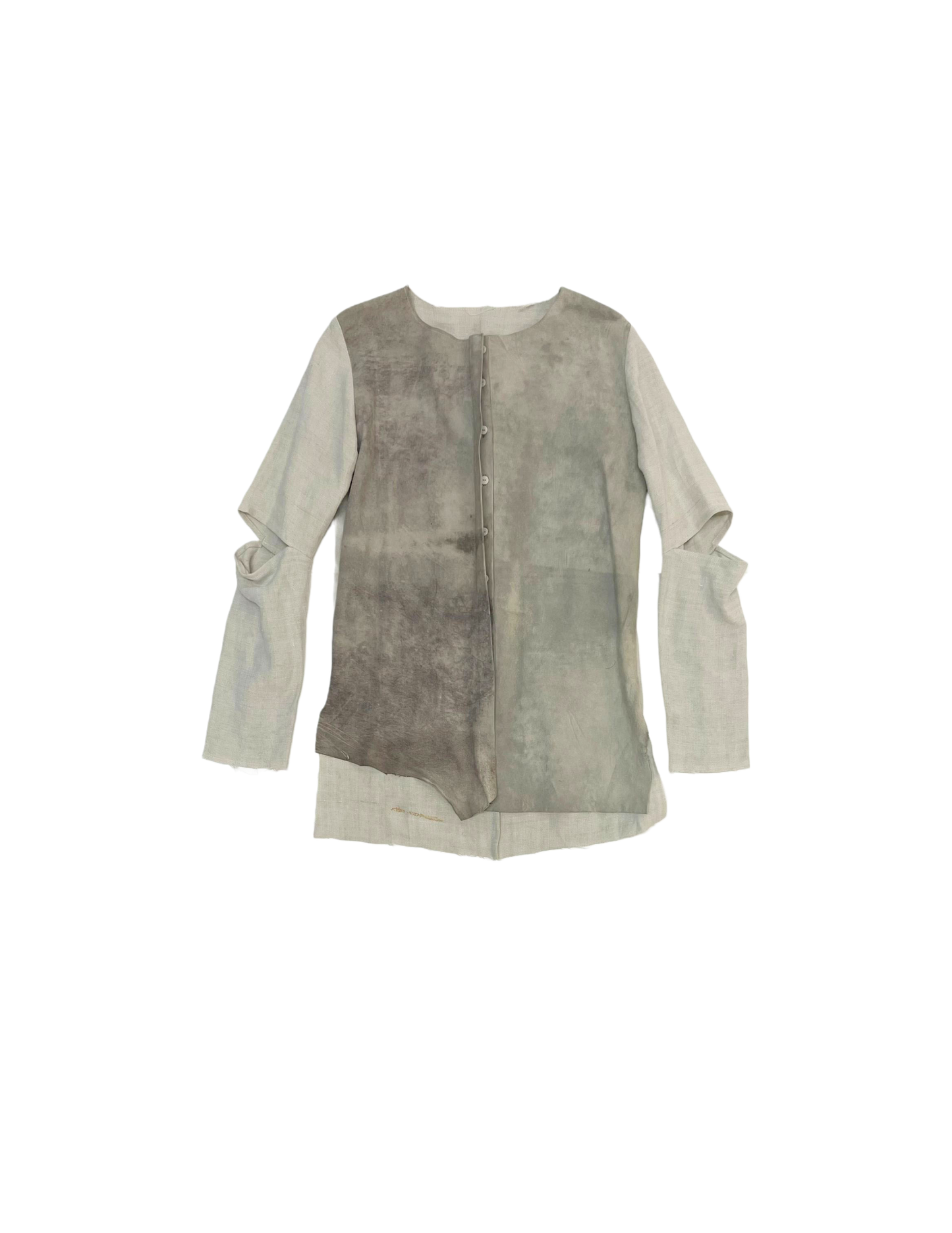 Collarless Shirt with Cut Out Elbows in Off-White Upcycled Treated Leather & Antique French Linen Upcycled Skins Vary in Colour