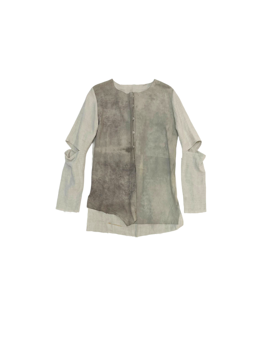 Collarless Shirt with Cut Out Elbows in Off-White Upcycled Treated Leather & Antique French Linen Upcycled Skins Vary in Colour